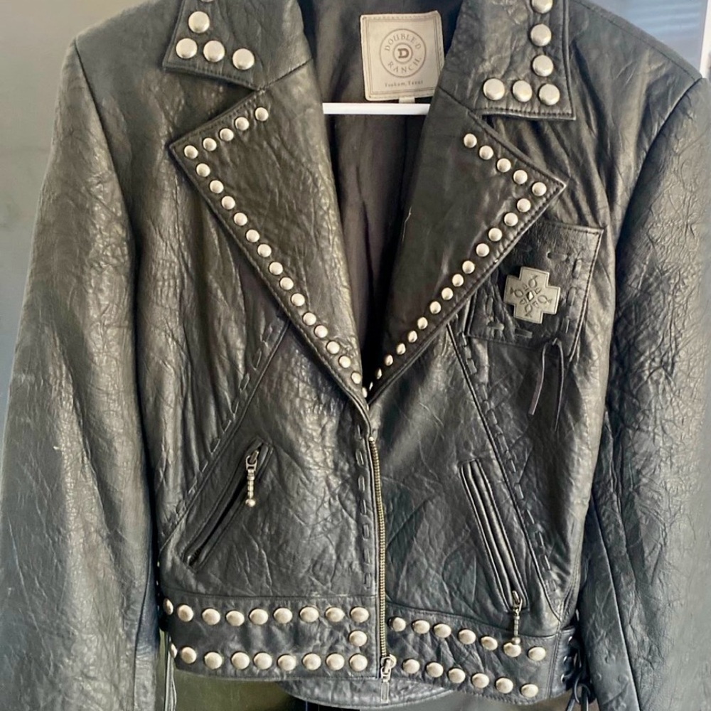 Double D Ranch leather biker jacket turquoise and silver crosses side RTL $1295